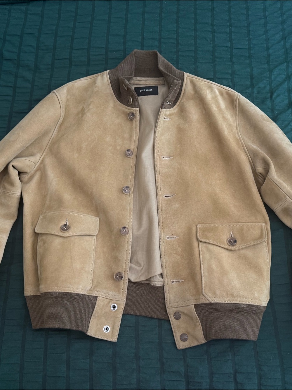 Buck Mason Beige/Tan Suede Bomber Jacket